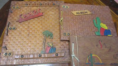 3 Old Photo Scrapbooks~Album~SNAPS Wood Cover Mexico Southwest Leather Ties-image