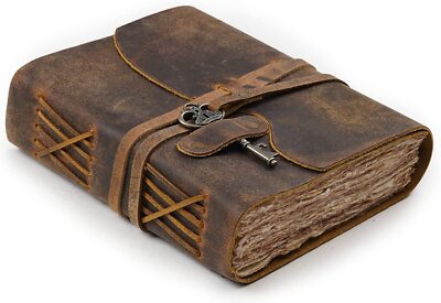 Village Vintage Leather Journal bound Handmade Vintage Deckle Edge Paper 