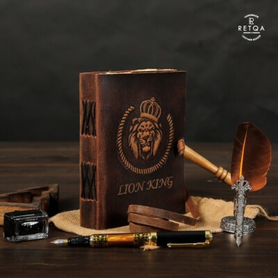 Lion King Leather Journal Embossed Bound - Writing Notebook Handmade Daily-image