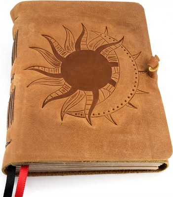 Leather Bound Journal with Lined Paper - Handcrafted Poetry Sun & Moon, Brown -image