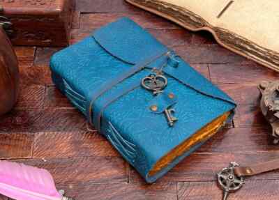 Beautiful Blue Butterfly Embossed Journal Key-Bound Leather Notebook for Writing-image