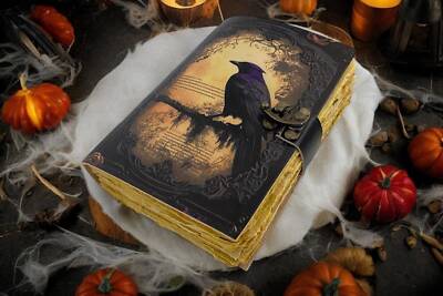 Raven grimoire vintage handmade notebook leather bound journal spellbook-image
