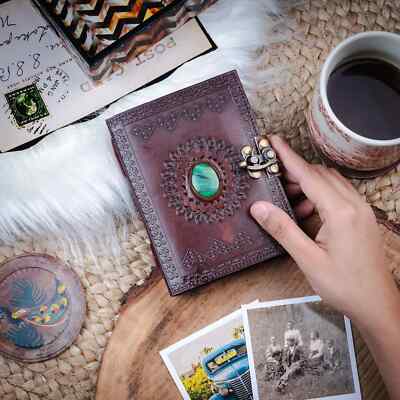 Handcrafted Leather Journal with Semi-Precious Stone -Unlined Recycled Paper-image