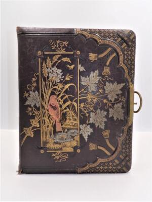 HTF Antique Leather Bound Gilt Tooled Embossed Photo Album Brass Closure-image