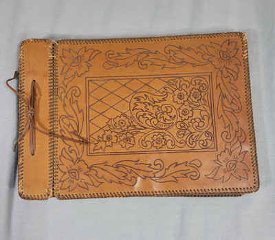 Vintage Hand-Tooled Leather Photo Album Scrapbook Leather Bound 12