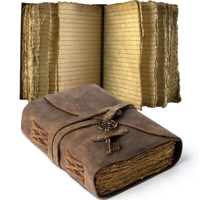 Vintage Leather Journal Lined Pages with Key - Antique Handmade Deckle Edge V...-image