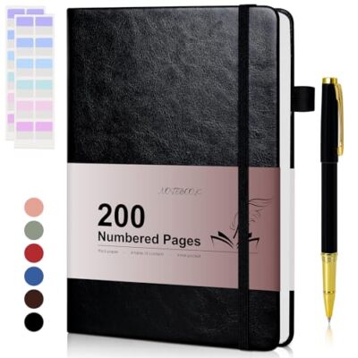 Lined Journal Notebook for Men Women, 200 Numbered Pages Leather Black-image