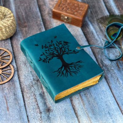 Tree of life Leather Journal, Sky Blue Leather Bound Notebook, Wedding Guest Boo-image