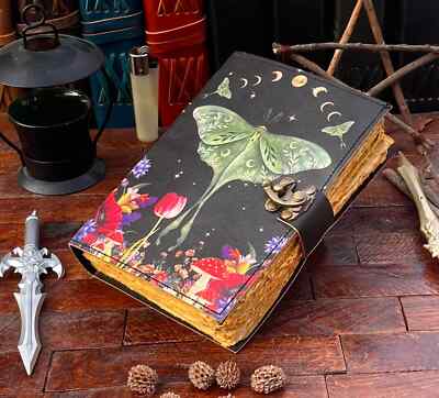 Enchanting Luna Moth Blank Spell Book Leather Journal - 200 Deckle-Edged Pages-image