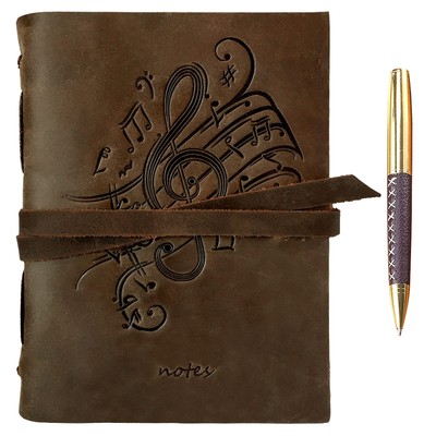 Leather Bound Journal for Men and Women, Handmade Gift Set with Music Notes E...-image